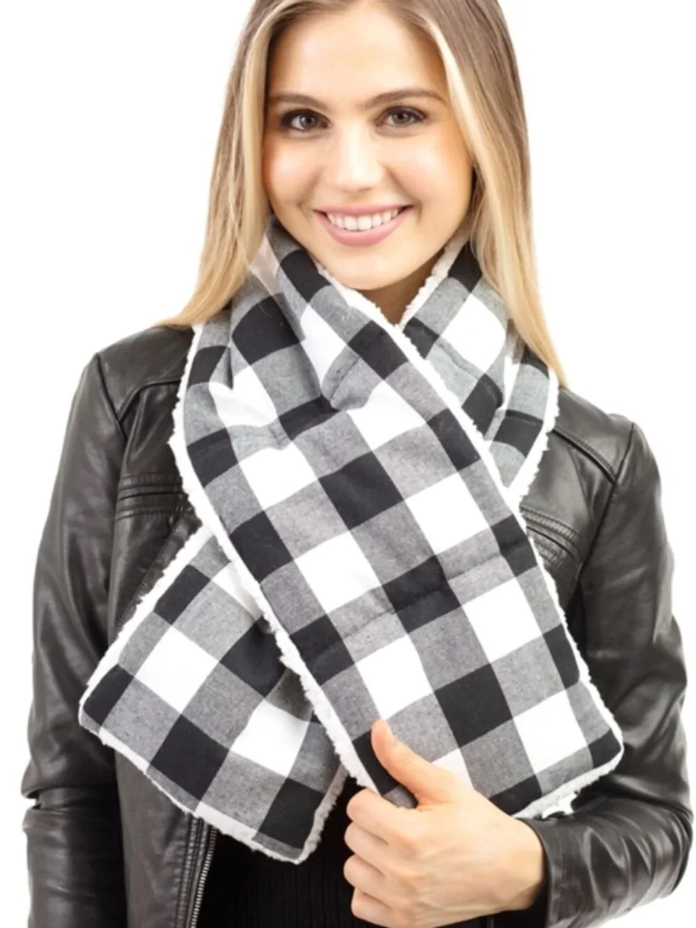 SHERPA QUILTED BUFFALO PLAID SCARF-BLACK